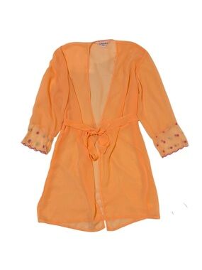 Sheer Orange Tie-Waist Robe with Embroidered floral Cuffs